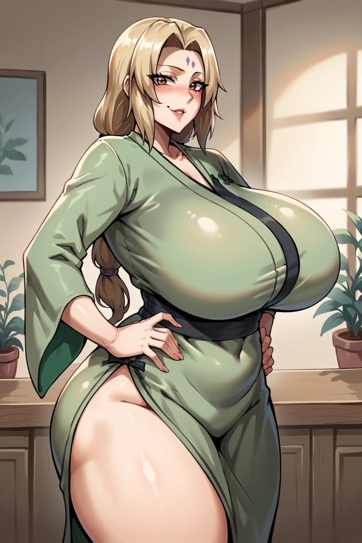 High resolution, Tsunade Senju, 1 girl, ((bimbo))), long blond hair, puffy lips, thick lips, wide hips, thick thighs, huge ass, sexy face, craving lust face , enormous huge natural breasts, revealing cleavage, mature woman, pink yukata, squishy breasts, thick saggy breasts, areola, breasts bulging,