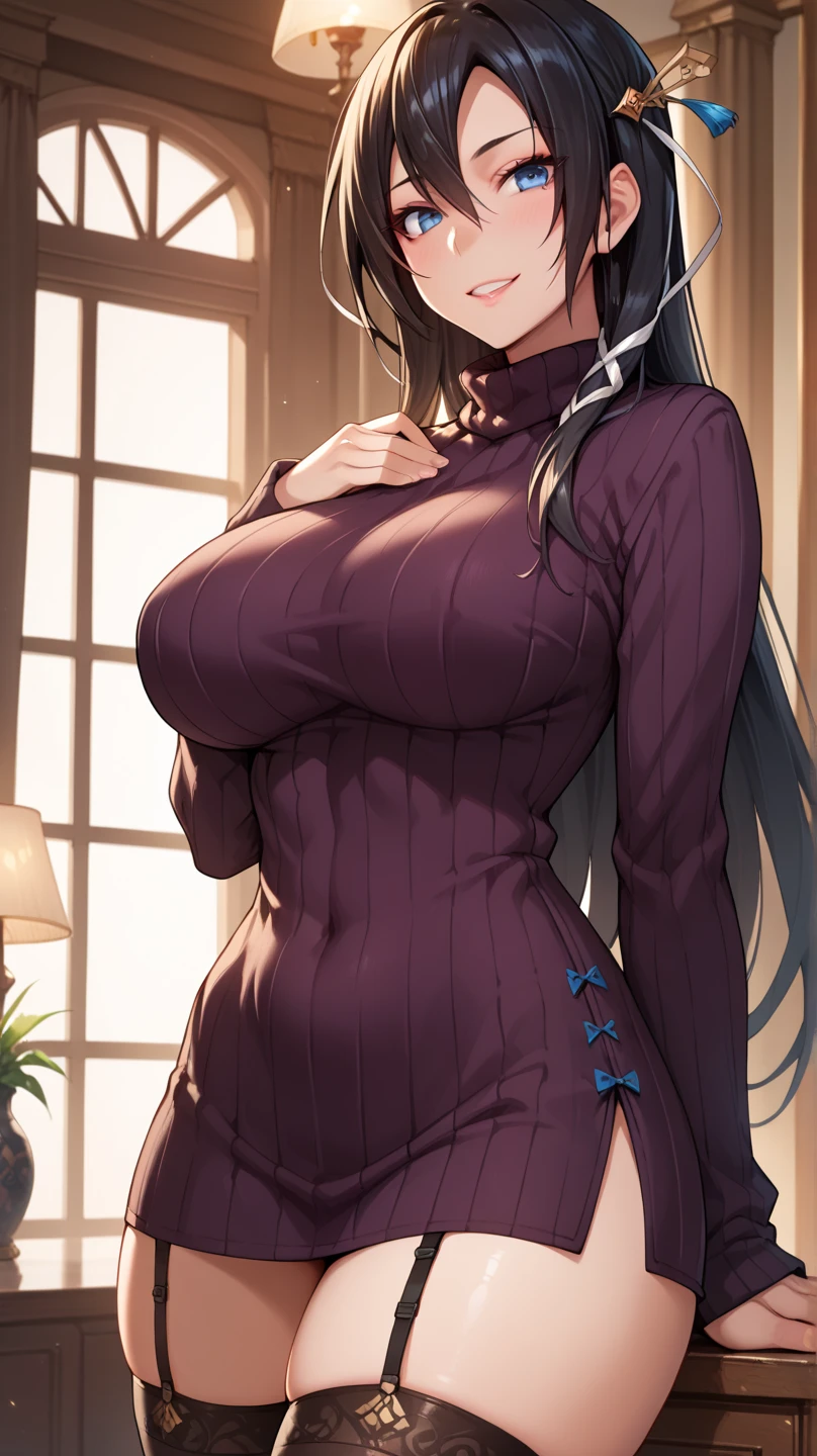 ((masterpiece)), ((best quality)), (ultra-detailed), (realistic), beautiful face, detailed hands, expressive eyes, 1girl, solo, mature female, milf, motherly, forehead, big breasts, narrow waist, wide hips, curvy, (straight hair, long hair, high ponytail, dark hair, dark eyes, dark skin, dark-skinned female, blue kimono, cleavage), dojo, looking at viewer, cowboy shot, seductive smile, sitting