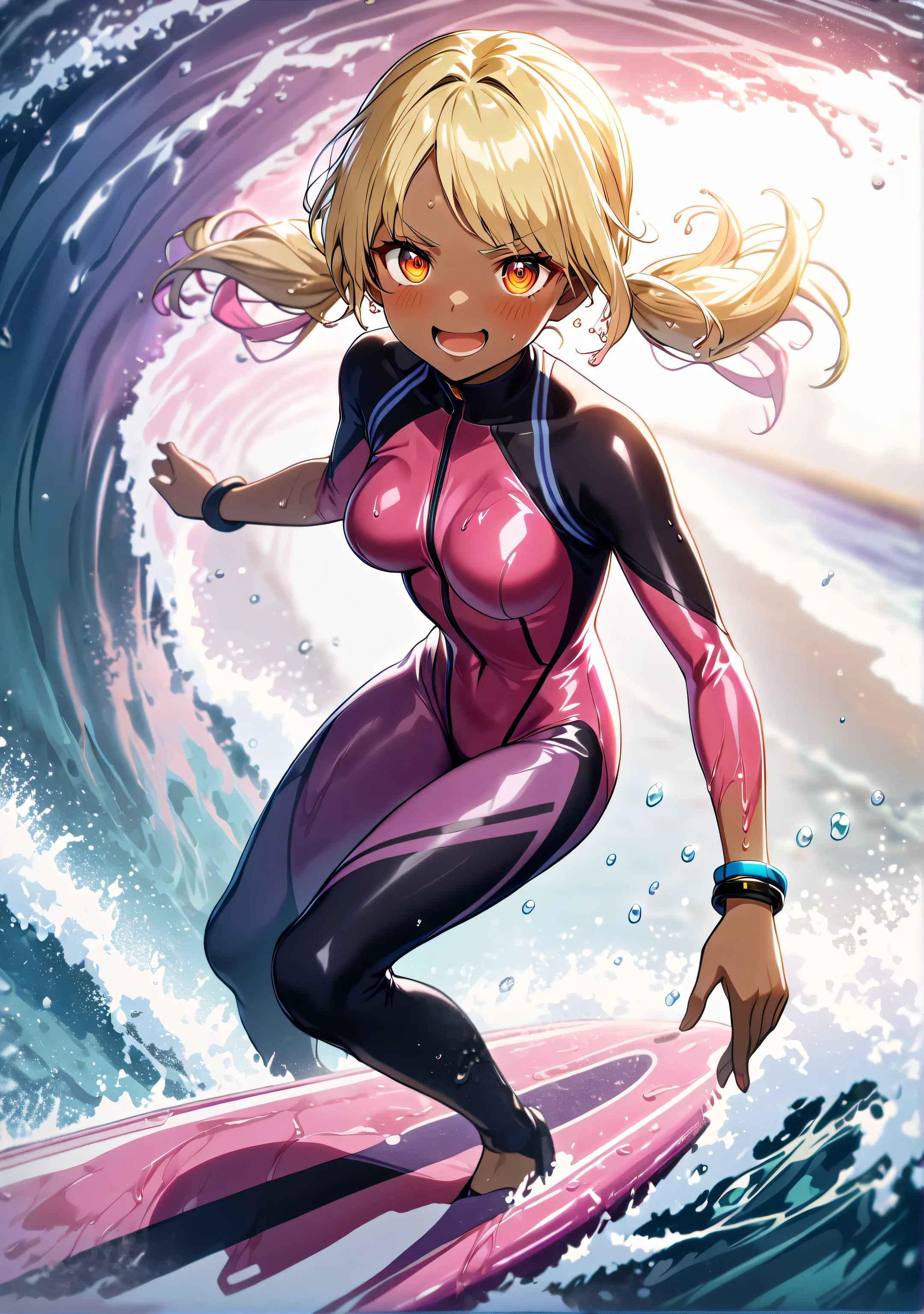 1 girl, Game CG,
shallow depth of field, a portrait with a soft Gaussian blurred background, creating a dreamy atmosphere,
standing, looking viewer, beaming face, open mouth, blush, incrssurfing, surfing,
surfboard,
(blond Hair, light pink inner corlor, straight long twintail, Right-side parting bangs, Beach waves hair, orange eyes, raging eyes, Upturned eyes , Clear and Lively eyes, makeup), ((dark skin)),
smug expression,
bracelet,
(black and pink wet suit, skintight, glossy rubbery wetsuit:1.6),
Her wet hair is dripping slowly, with drops of water falling from the strands, highlighting the glossy texture of her hair and the transparency of the droplets.
Blight:1.4, summer sea,.
Firm breasts, High chest, erection of nipples:1.3, camel toe:1.3, The silhouette of the protruding collarbone,
Intricate details, Perfect Contour, perfect anatomy, Lens Flare, Cinematic Light Effects,