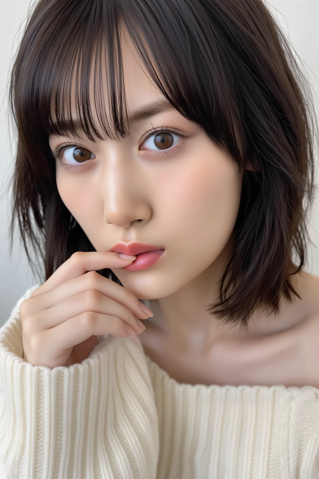 ((( High Resolution , top quality, very well detailed, masterpiece , highly detailed photos , realistic , Real people , Ultra precise skin ))) , , ( from the side ) , upper body , Advance Shot , ( giggle face ) , { wearing the sweater that is backless outfit } , black hair , medium hair , medium breasts , focus on the face and chest , (( tuck hair behind the ear : 1.8)) , { nsfw } , In the gloomy room