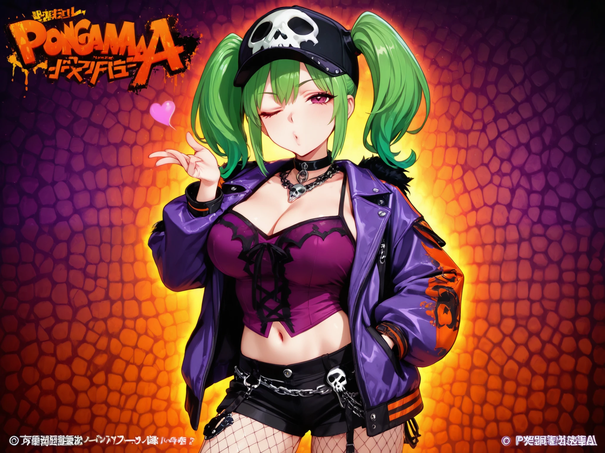 age girl, green hair, pigtails, big breasts, purple top jacket with skull details, black shorts with chains, fishnet stockings, blowing kiss gesture, winking, panorama style pose close-up manga cap style, orange and purple tribal graffiti background.