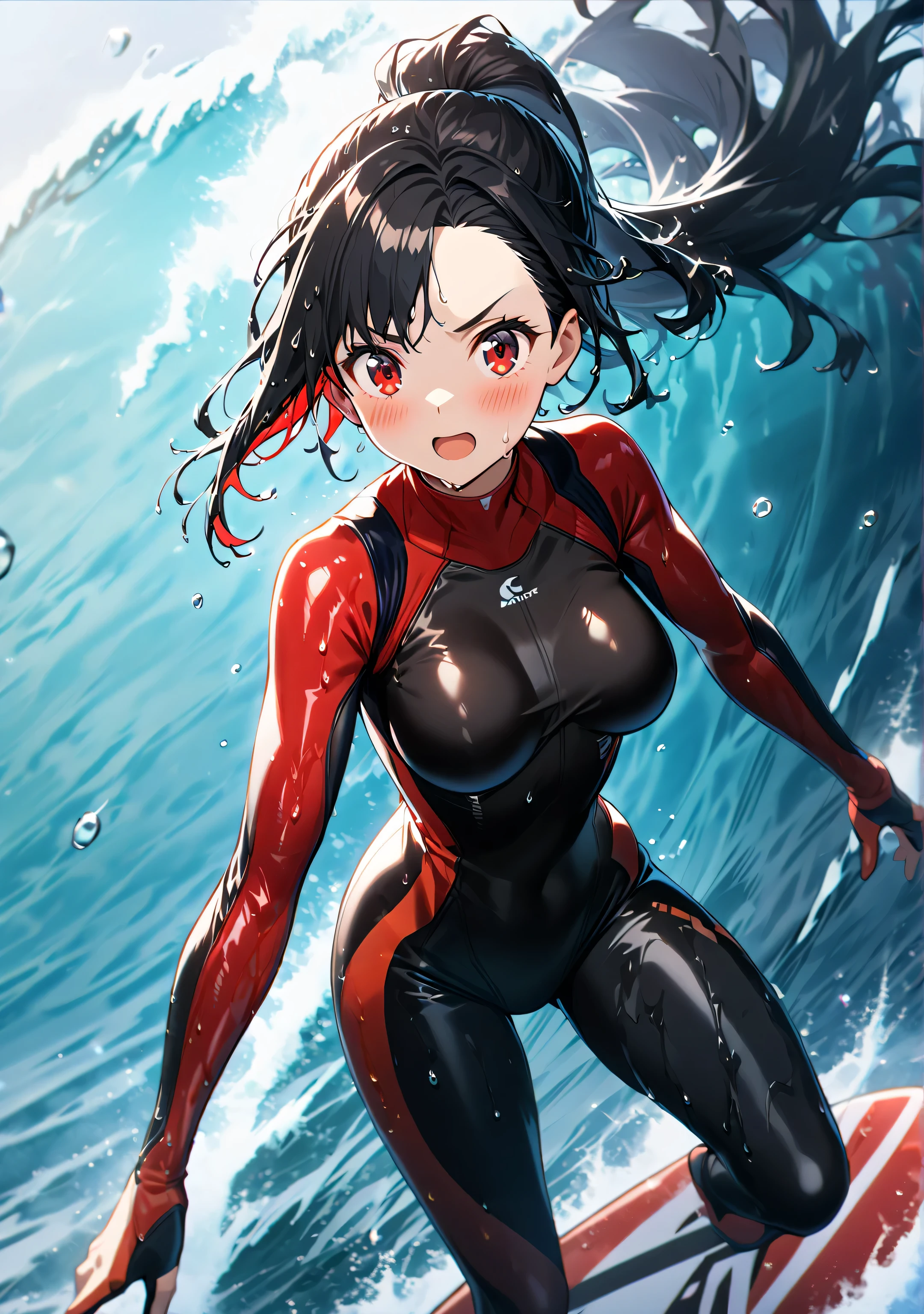 1 girl, Game CG,
shallow depth of field, a portrait with a soft Gaussian blurred background, creating a dreamy atmosphere,
standing, looking viewer, beaming face, open mouth, blush, incrssurfing, surfing,
surfboard,
(Black Hair, dark scarlet inner color, high band ponytail, asymmetrical bangs, red eyes, Light eyes , Clear and Expressive eyes,)
(black and scarlet wet suit, skintight, glossy rubbery wetsuit:1.6),
Her wet hair is dripping slowly, with drops of water falling from the strands, highlighting the glossy texture of her hair and the transparency of the droplets.
Blight:1.4, summer sea,.
Firm breasts, High chest, erection of nipples:1.3, camel toe:1.3, The silhouette of the protruding collarbone,
Intricate details, Perfect Contour, perfect anatomy, Lens Flare, Cinematic Light Effects,
