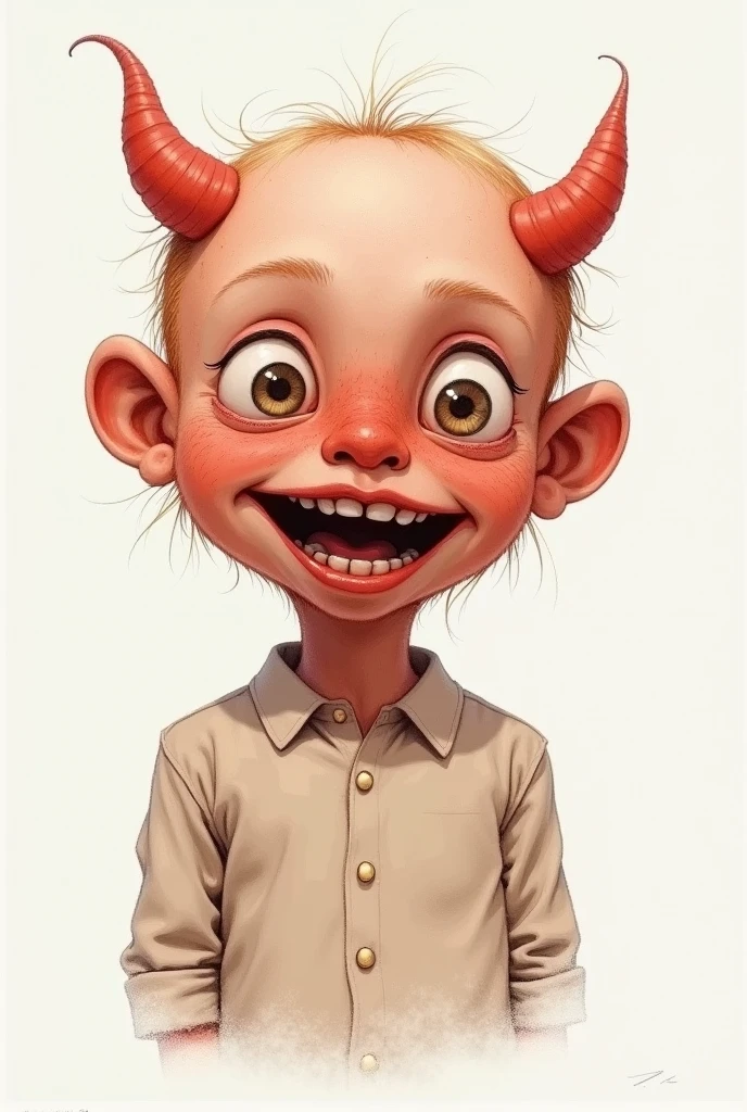 Teenage boy with brown hair that goes all the way down to his back, really dark brown eyes, black demon horns, a grey hoodie, sticking tongue out