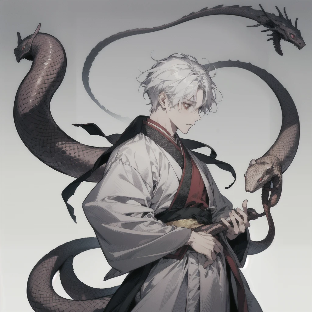 A man with long white hair hovering over two black and white snakes.