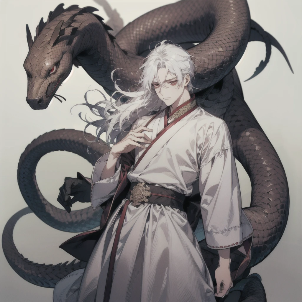 A man with long white hair hovering over two black and white snakes.