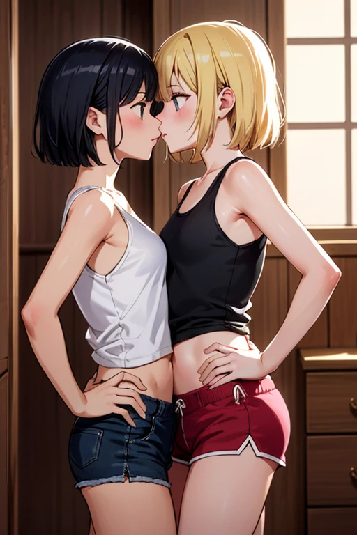 NSFW、(Anatomically correct、Masterpiece、Highest quality、Tabletop、Detailed construction)、(((Two beautiful girls, one with silver hair and the other with blonde hair and dark skin.)))、White shirt、(((Lesbian、Touching each other's crotches)))、(((Sweat)))、(((Covered in bodily fluids)))、(((Soaking wet)))、(((Body odor)))、(((Sweat染み)))、(((pussy)))、(((Love juice)))、((((Put your finger in the vagina))))、((Pubic hair))、(((blush)))、(((kiss、Drooling)))