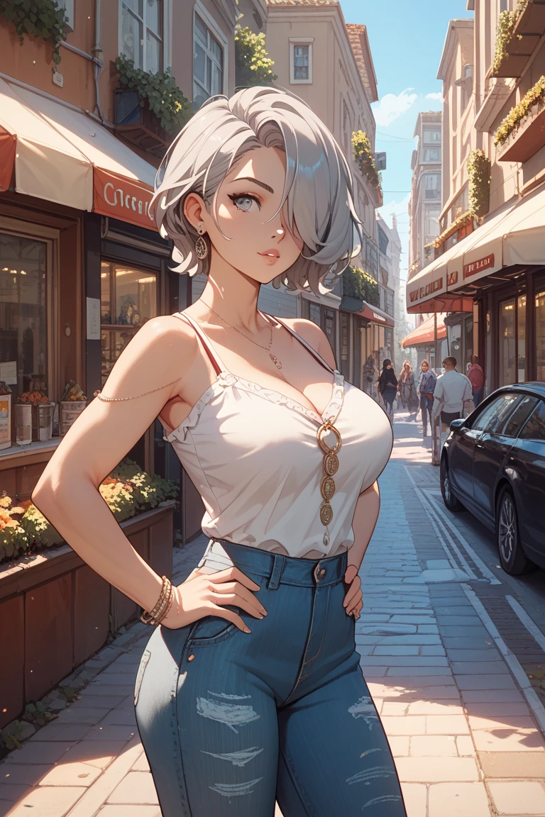 Woman with tanned skin and white hair in bright clothes