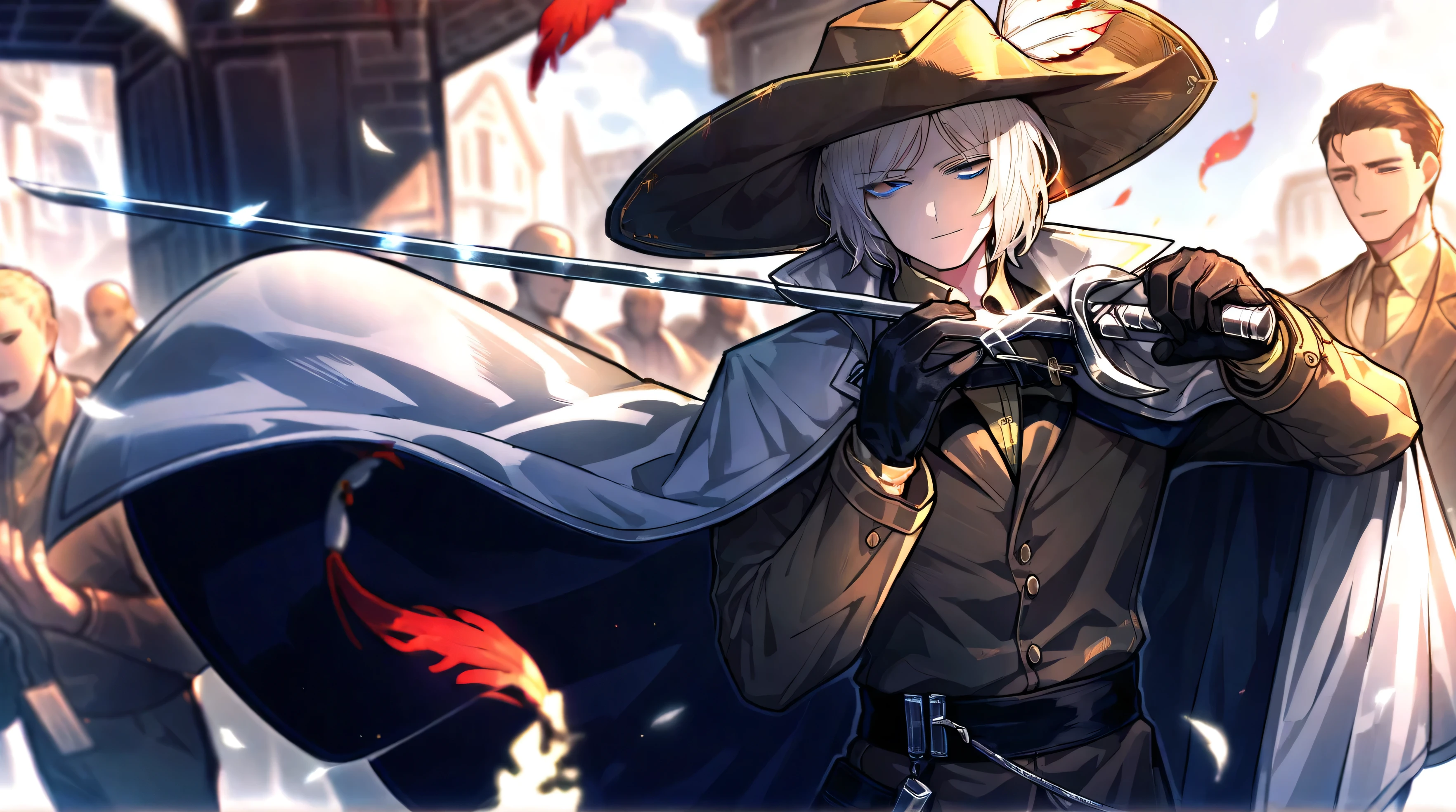 1male, white hair , gloves , (project moon\) , black gloves , blue eyes , , white cape , shirt , hat , white and gold shirt , holding a bayonet sword in one hand , plume , short hair , expressionless , collared shirt , solo focus , long sleeves , cape , outdoors , closed mouth , sky , white and gold headwear , coat , multiple others , holding weapon , open mouth , smirking,