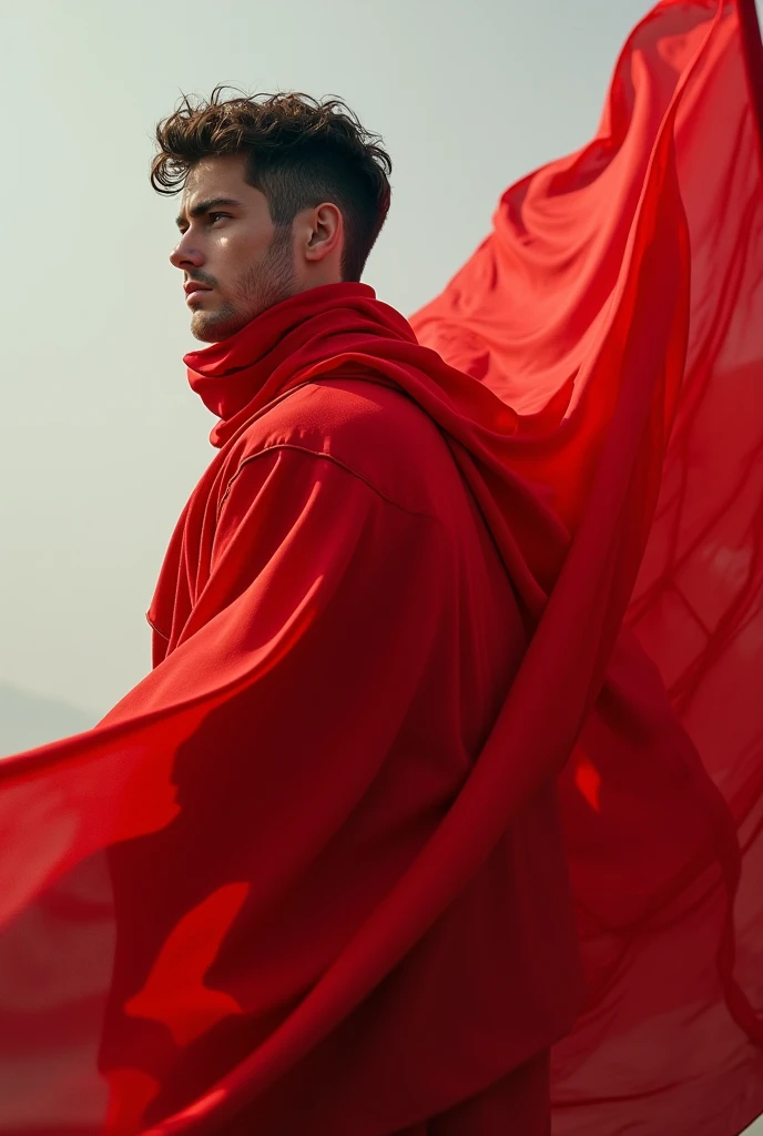 photograph of A beautiful albino man with short hair and no beard, he is muscular with very white skin, he measures 1.85 tall, he wears a transparent red silk tunic loose in the air, he appears to be flying, neutral background