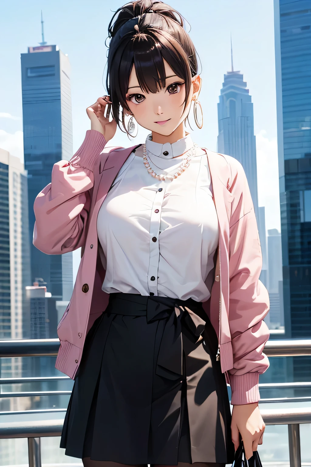 top quality、high resolution、(high image quality:1.4)、masterpiece、detailed background、(highly detailed face:1.2)、(detailed eyes:1.2)、age beauty、(huge breasts:1.3)、(Normal number of fingers:1.3)、anatomically correct、perfect body line、Urban skyscrapers、big smiles、
(Urban skyscrapersを背景に映る2人のモデルの女性:1.5)、
combine sophisticated style with a modern background to create an urban and sophisticated atmosphere、choose the perfect size that fits your body、jacket with slightly narrowed waist or、Choose pants that look neat、add femininity with accessories and hairstyle、
waist shaped single button、A-line knee-length tight skirt、Simple pumps 、add small pearl earrings or necklaces with a white or light pink blouse、small pearl earrings or necklaces in the background、half up、Cuckold Bob 、 Simple Ponytail、very beautiful