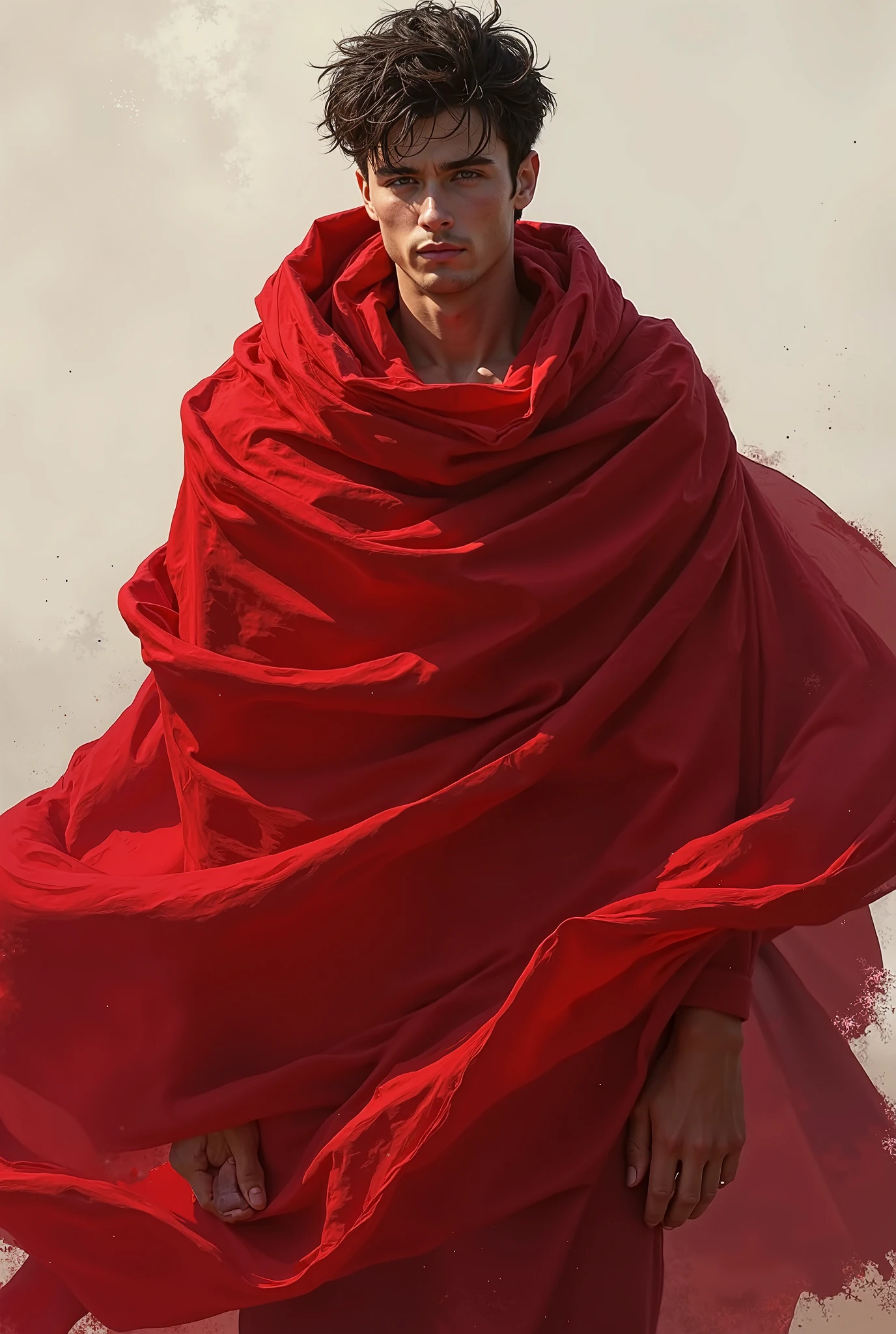 photograph of A beautiful albino man with short hair and no beard, he is muscular with very white skin, he measures 1.85 tall, he wears a transparent red silk tunic loose in the air, he appears to be flying, neutral background