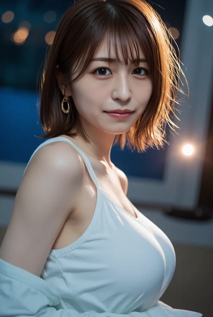 ((of the highest quality, 8K, masutepiece: 1.3, Raw photo)), Sharp Focus: 1.2, (1 AESPA Girl: 1.2), (Realistic, Photorealistic: 1.37), (Face Focus: 1.1), Cute face, Small breasts, flat chest, Short messy hair, (White camisole: 1.1), Skirt, Standing, 1 arms up, night lights, Movie Lighting