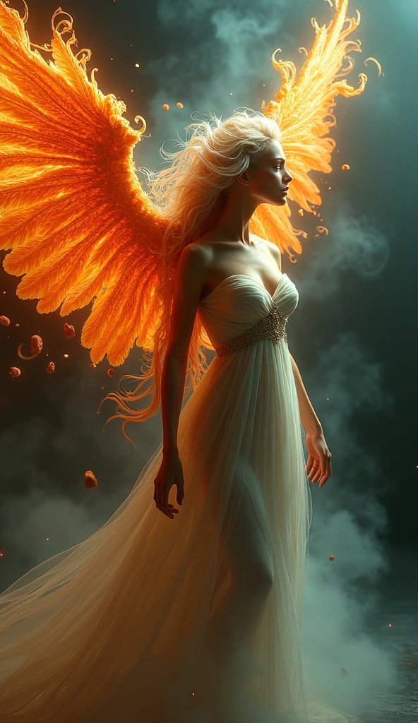 A magical realism painting of a fallen female angel with pale skin, long flowing blond hair, and sorrowful blue eyes, kneeling nude with massive fiery wings made of glowing orange and red feathers, slowly turning to ash, wings spread in a futile attempt to take flight as she is wracked with pain and desperation, amidst the crumbling remains of once majestic skyscrapers and temples now reduced to rubble by apocalyptic flames. Use depth of field with the angel in sharp focus to direct the viewer's eye, vibrant saturation in the fire contrasting with muted grays and blacks in the ruins.