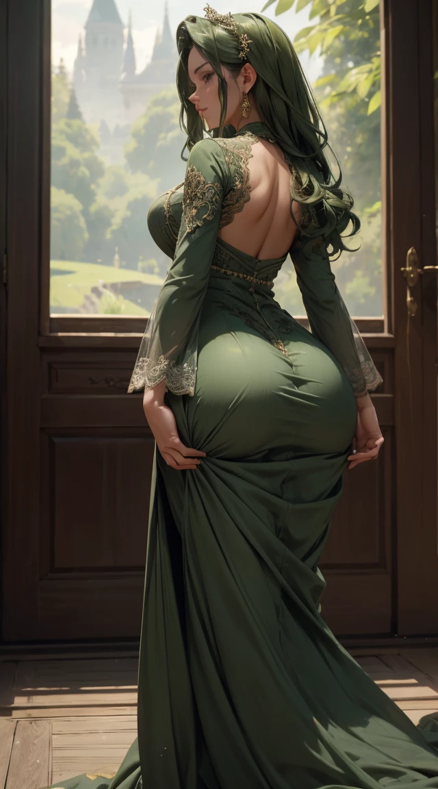 8k, masterpiece, very realistic, Full body (Sexy pregnant queen 1.2), very slim waist, slim thighs, elaborate detailed tight black detailed embroidered formal dress, long straight flowing red hair, elaborate detailed patterned green stockings, medium breasts, pregnant, (curved back 1.2), silver tiara with an emerald gem in the center, from the back 