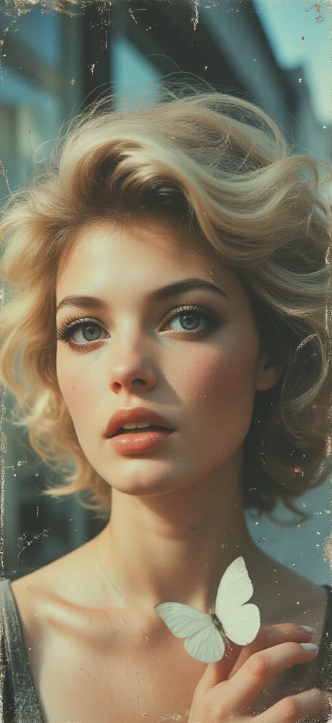 Surreal digital art in the style of corrupted analog photography, an illuminated portrait of a woman, taken in close-up, with a fascinatingly beautiful, almost angelic appearance, looking over her shoulder, a small white live butterfly sitting on her fingertips, her pale face seems to glow in the bright sunlight, in the center of attention - her very large piercing blue eyes, their crystal clarity and soft radiance, conveying a sense of unearthly wisdom and tranquility. Her long eyelashes look bold and spectacular, contrasting sharply with her porcelain skin, and attract the viewer's gaze to her irresistible gaze. She has graceful facial features with high cheekbones, a perfectly straight nose and soft, full lips that maintain a refined, neutral expression, emphasizing serenity and quiet strength. Her blonde curly hair gently flows along her face, emphasizing her divine appearance. Thin strands, light and silky, smoothly merge into a deep background, creating an unreal, fabulously textured background, outlined with the thinnest lines, similar to threads, then to isobars, from different angles in tone and shade, The lighting is contoured, noon, sunny, contrast, deep shadows, In general, the composition seems beyond control time, as if it reflects the essence of light and shadow, which encourages expression and self-expression, the simplicity of the image enhances its mystery, creating a deep angelic presence that seems both familiar and otherworldly, light aberration, illumination, splashes of light, spots and scratches, distorted perspective, sepia, a touch of time,realistic digital art, digital painting, fine detail in k64 format