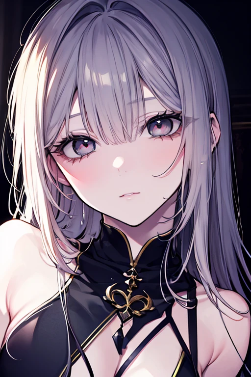 ((Highest quality)), ((masterpiece)), (detailed), Perfect Face, Perfect Arms, Perfect hands, Perfect Fingers, anime, Ultra-fine illustration, (One girl), cute, Gray Hair, Side bank hair with earrings, Purple Eyes, Pink lipstick, looking at the camera, Portrait Shot, No background,