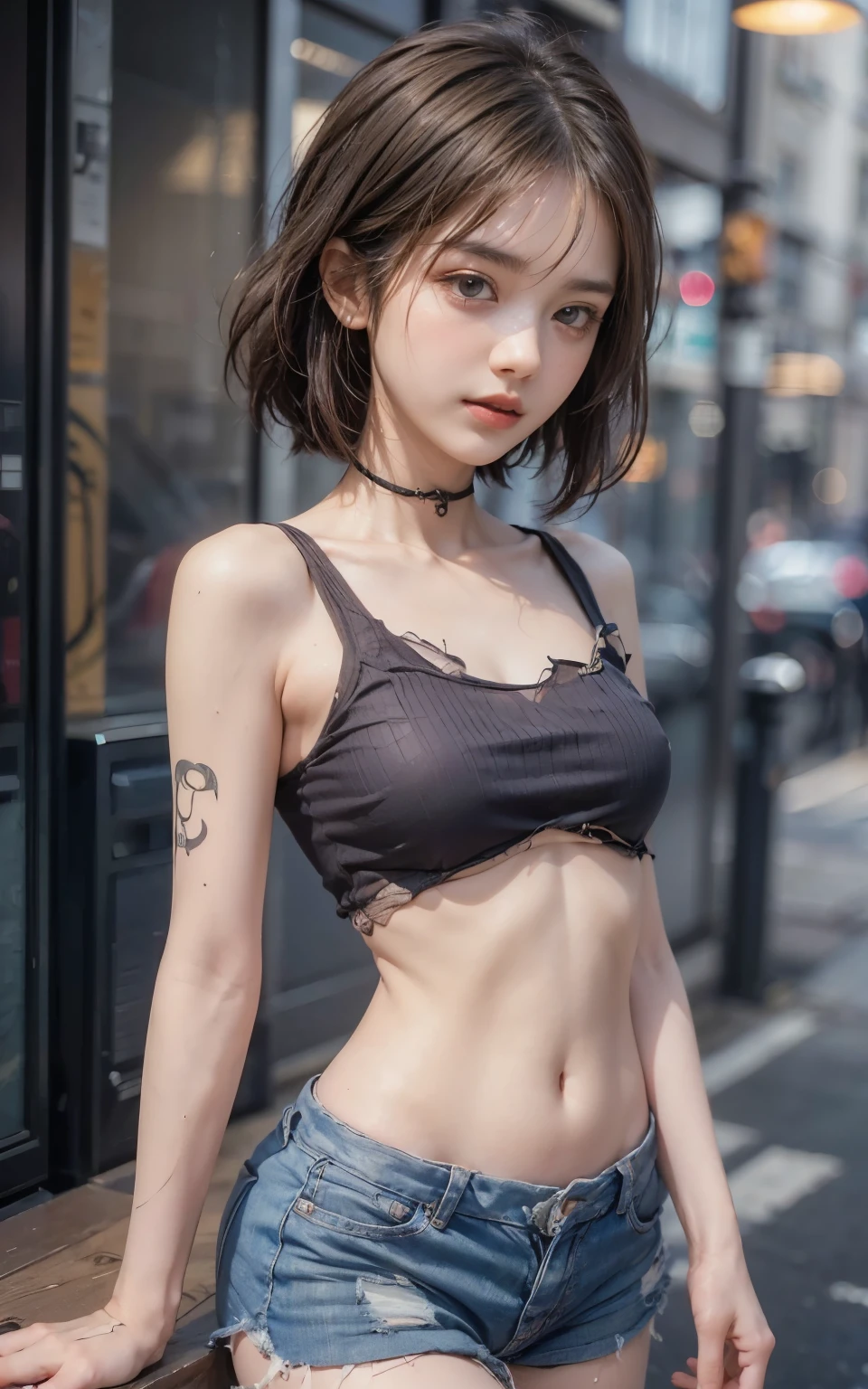 1 girl full body, Hoodie, Wear denim shorts and pants，arm tattoos, photore, Asymmetrical bangs, Adhesive bandage, short detailed hair, bangs,, freckle, With gray eyes, smallunderboob, neck tattoo, Piercing on the nose, Pink hair, Solo, tattoo on the face, Upper body, Detailed background, Town, alley,, Photorealistic, Street photography, Masterpiece, Realistic, Realism, Photorealism, High contrast, Artstation 8k，High-definition photorealistic digital art trends, Detailed, Skin texture, ultra - detailed, Realistic skin texture, armature, Best quality, 超高分辨率, (Photorealistic:1.4),, high resolution, Detailed, RAW photo, Sharp Re, Kodaport 400，Camera f1.6 shots，rich colours，The ultra-realistice，Realistic textures，dramatic  lighting，unreal-engine，The trend is on the ArtStation Cinestill 800
