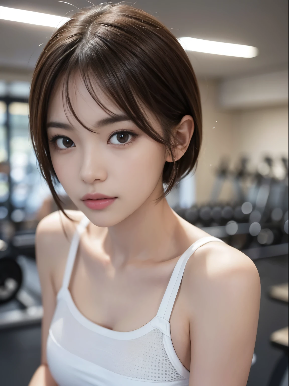 Cute 21 years old Japan 、college aged、cute sportswear,Super Detail Face、Eye of Detail、double eyelid、beautiful thin nose、sharp focus:1.2、prety woman:1.4、(light brown hair,short-haired、),fair white skin、、top-quality、masterpiece、超A high resolution、(Photorealsitic:1.4)、very detailed and professional lighting、A smile、sports gym、
