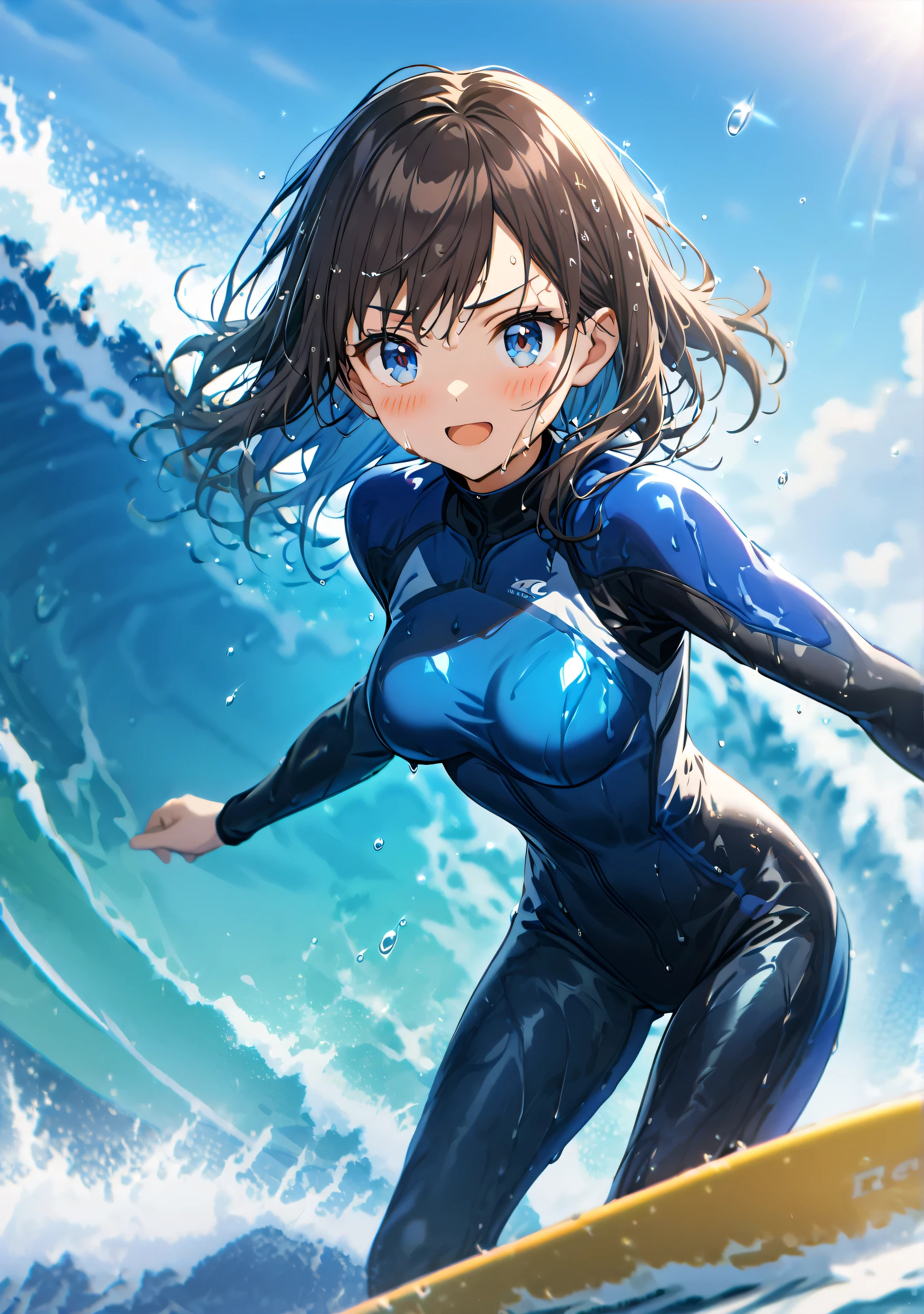 1 girl, Game CG, 
shallow depth of field, a portrait with a soft Gaussian blurred background, creating a dreamy atmosphere, 
standing, looking viewer, beaming face, open mouth, blush, incrssurfing, surfing,
surfboard,

(dark Brown Hair, straight medium hair, deep blue eyes,  Clear and Sensual eyes,), 
proud expression,

(black and blue wet suit, skintight, glossy rubbery wetsuit:1.6),

Her wet hair is dripping slowly, with drops of water falling from the strands, highlighting the glossy texture of her hair and the transparency of the droplets. 
Blight:1.4, summer sea,.
Firm breasts, High chest, erection of nipples:1.3, camel toe:1.3, The silhouette of the protruding collarbone, 
Intricate details, Perfect Contour, perfect anatomy, Lens Flare, Cinematic Light Effects,