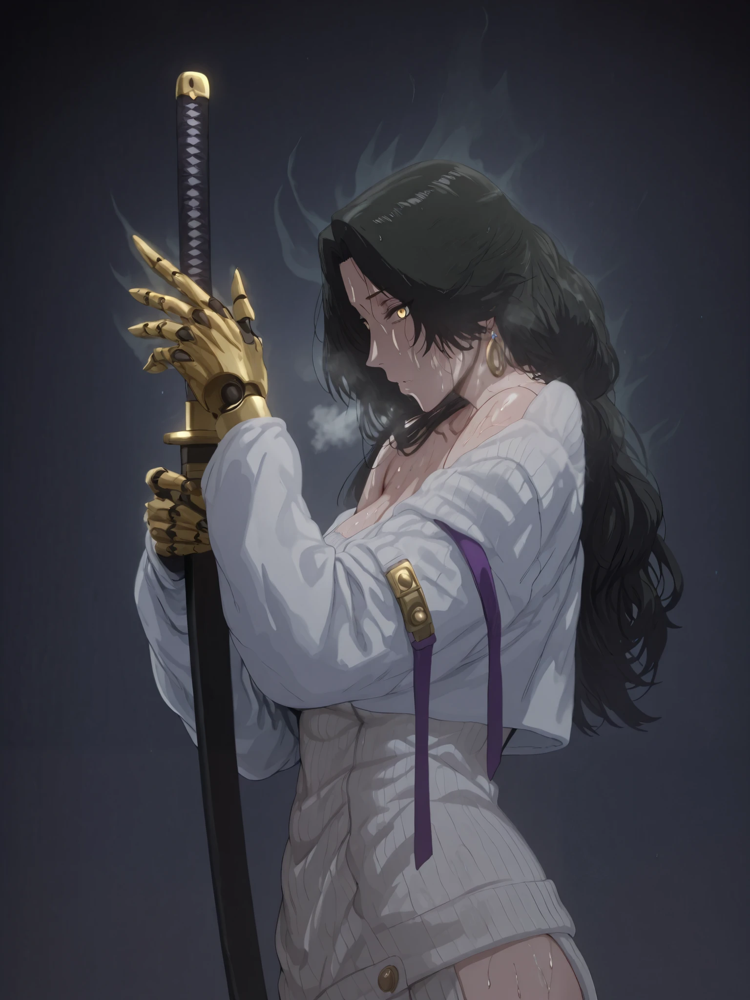 (Hews-style:1.2), babu-style, anime coloring, anime screencap, anime-style detailed background, vignetting, masterpiece, high quality, absurdres, best quality, very aesthetic, newest, dynamic composition, anatomical correct, HD, 4K, digital art, trending on ArtStation, ((anatomical correct)), perfect body, perfect eyes, perfect fingers, gasping, heavy breathing, excessive sweating, sweating, sweating profusely, gasping profusely, cinematic, ((skindentation)), ((curvy)), dominique de sade, long hair, black hair, curtained hair, ((small breasts)), yellow eyes, ((black pupils)), plump, 1girl, weapon, solo, sword, red_background, katana, holding_weapon, holding, simple_background, ear_piercing, sheath, holding_sword, mechanical_arms, profile, from_side, sheathed, looking_at_viewer, cyborg, white jacket, sweater dress, off shoulder, black short, (black aura), (grey aura), (aura:1.2)