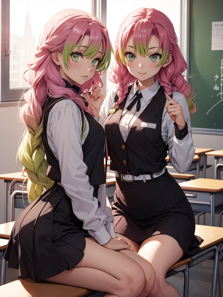 1 girl, Generate an image depicting Izuku Midoriya transformed into a female version. medium sized breast, breast 34d, cute, hot, Ensure that her beautiful green eyes and short green hair are prominently featured. Focus on her feminine body, emphasizing her great curves and overall physique. She should be wearing Izuku Midoriya's female UA High , which consists of a fitted grey blazer with green trim, tailored to perfection to hug her frame gracefully while allowing freedom of movement. Beneath the blazer, a pristine white blouse adds a touch of purity, with a crisp collar framing her face. Around her neck, a meticulously tied green and black striped necktie reflects her attention to detail and determination. The pleated green skirt falls just above the knee, swaying gently with each step, its vibrant hue mirroring the lush greenery of the hero academy grounds. Completing the ensemble are knee-high socks, snugly hugging her calves for warmth and support, paired with sleek black loafers offering both style and functionality. A green ribbon is woven into her hair, a splash of color amidst the darkness, with her hair styled in a short bob with soft waves. This image should capture Izuku Midoriya's feminine yet powerful presence, ready to take on any challenge as she trains to become the hero she is destined to be. Ensure the image is of high quality, preferably 8k resolution, with highly detailed and beautiful rendering.