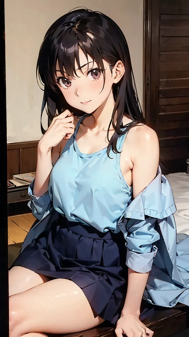 In a dim, shabby wooden house、His hands were tied behind his back with a rope.、Wearing a school swimsuit with a vertically torn chest、A beautiful girl in her late teens with black hair and red eyes, one breast visible.