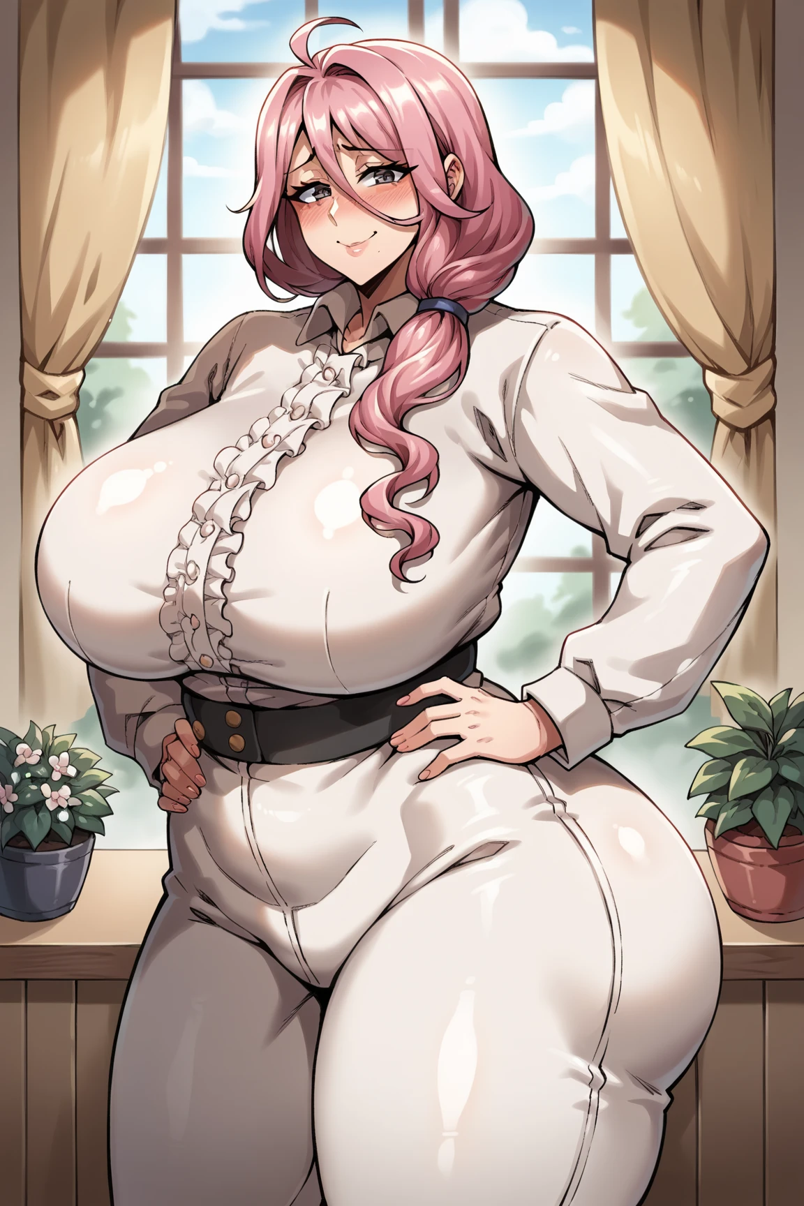 A bartender with long purple hair, with a curvy figure, of sand, the woman smoking, with a serious face and tall body, red eyes