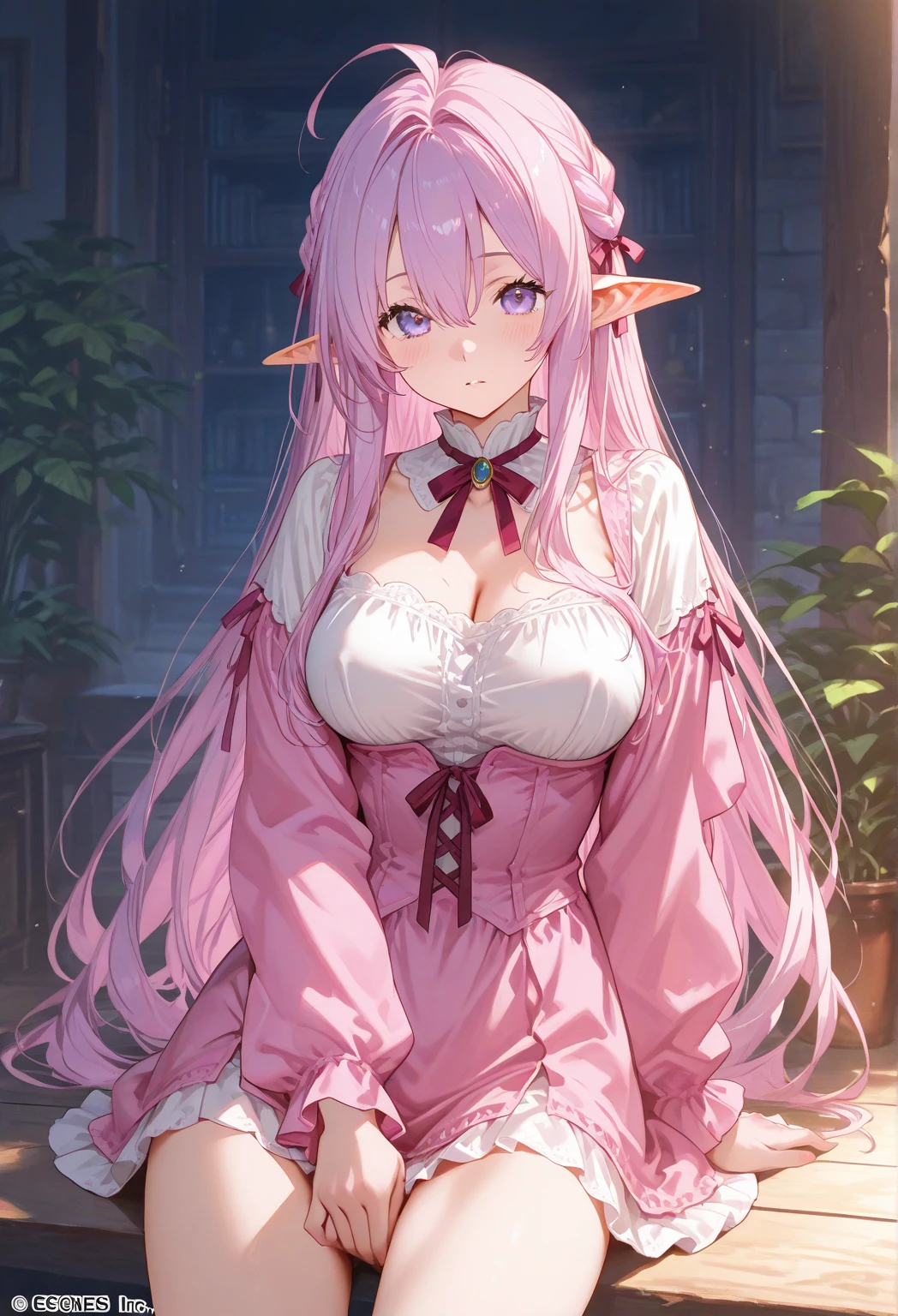 high resolution ,beautiful skin, detailed picture, pretty girl, small breasts, pink hair ,succubus, smile, ruffle dress middle ages