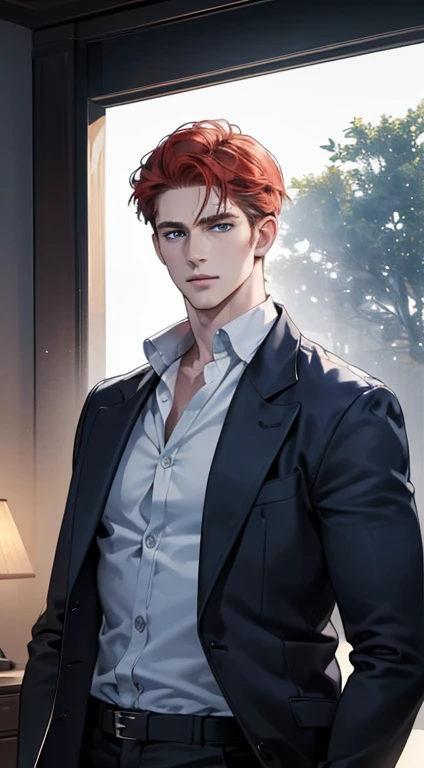 (best quality, masterpiece, 8K, photorealistic, cinematic lighting, 1:4 hdr image, ultra detailed, beautiful image), a mature man, 34 years very handsome, ((cold expression)), short red hair, blue eyes, face perfect without mistakes, ((buttoning his jacket, CEO))