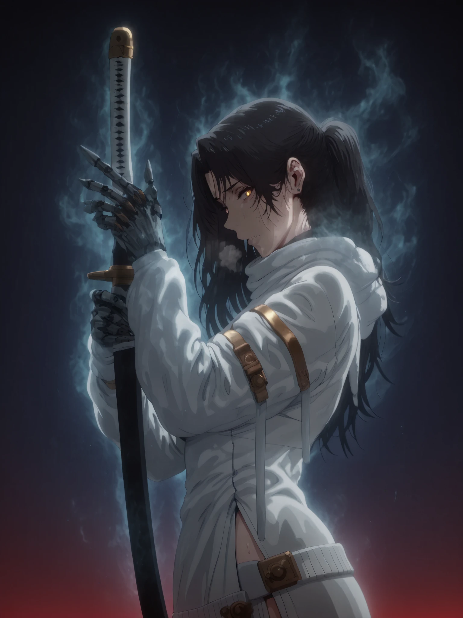 (Hews-style:1.2), babu-style, anime coloring, anime screencap, anime-style detailed background, vignetting, masterpiece, high quality, absurdres, best quality, very aesthetic, newest, dynamic composition, anatomical correct, HD, 4K, digital art, trending on ArtStation, ((anatomical correct)), perfect body, perfect eyes, perfect fingers, gasping, heavy breathing, excessive sweating, sweating, sweating profusely, gasping profusely, cinematic, ((skindentation)), ((curvy)), dominique de sade, long hair, black hair, curtained hair, ((small breasts)), yellow eyes, ((black pupils)), plump, 1girl, weapon, solo, sword, red_background, katana, holding_weapon, holding, simple_background, ear_piercing, sheath, holding_sword, mechanical_arms, profile, from_side, sheathed, looking_at_viewer, cyborg, white jacket, sweater dress, off shoulder, black short, (black aura), (grey aura), (aura:1.2)