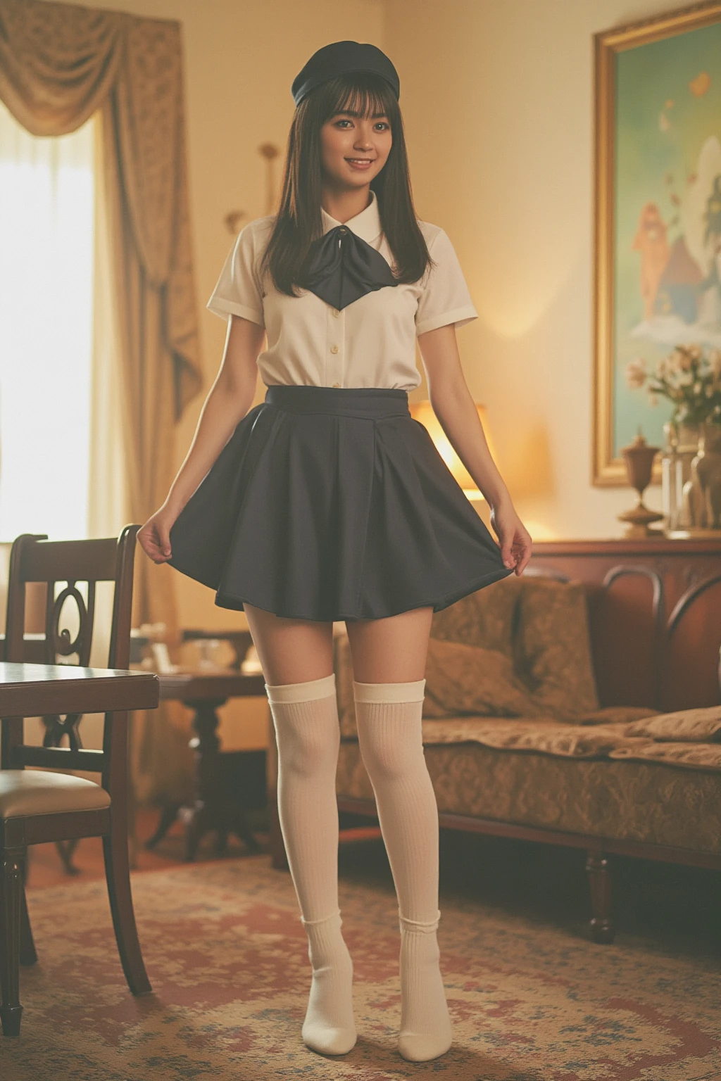 professional gdkatschool photo, dark skin, dark-skinned woman, school uniform, sweater vest, red skirt, pantyhose, black eyes, black hair,
volumetric light, highrez, masterpiece, best quality,