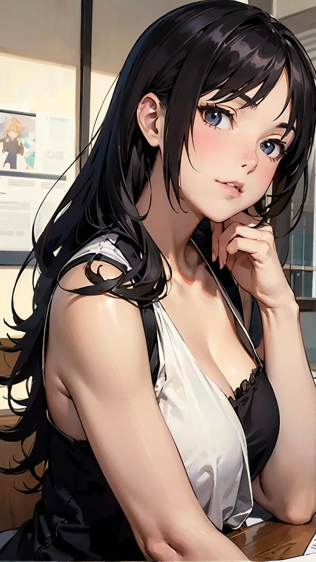 (Highest Resolution, clear_image) Highest quality, single, One woman, alone, masterpiece, Very detailed, Semi-realistic, Black Hairのショートヘア, Black Hair, bangs, 18-year-old, mature, Light blue , Indoor Background, kind, Authoritative, Powerful, exquisite features, exquisite features、Eyelashes become longer、Showing teeth、smile😀、(Swimwear)、woman'Fingers in the、