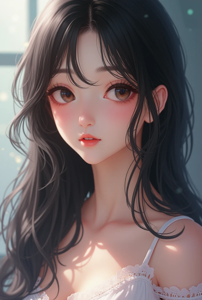 Create a picture of a cute japanese girl long hair have a bang age about 20 years old showing her big boob's 