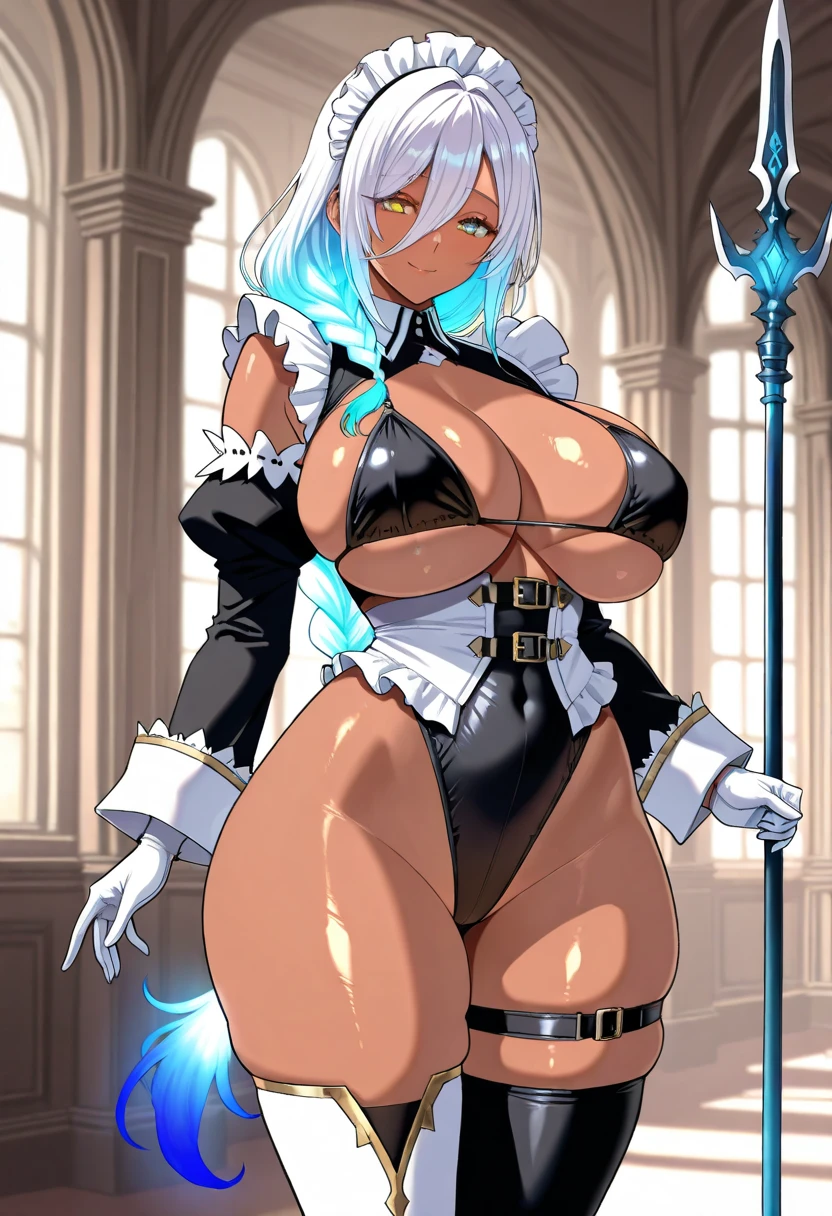 score_9, score_8_up, source_アニメ,Big Breasts,kiwi-default,purple eyes,empty eyes,grey hair,,stockings,High leg,latex,tie,garter belt,High heels,Nipple Covers,Apron,Showing off,The whole body is shown,Expressionless,Front opening,Squat