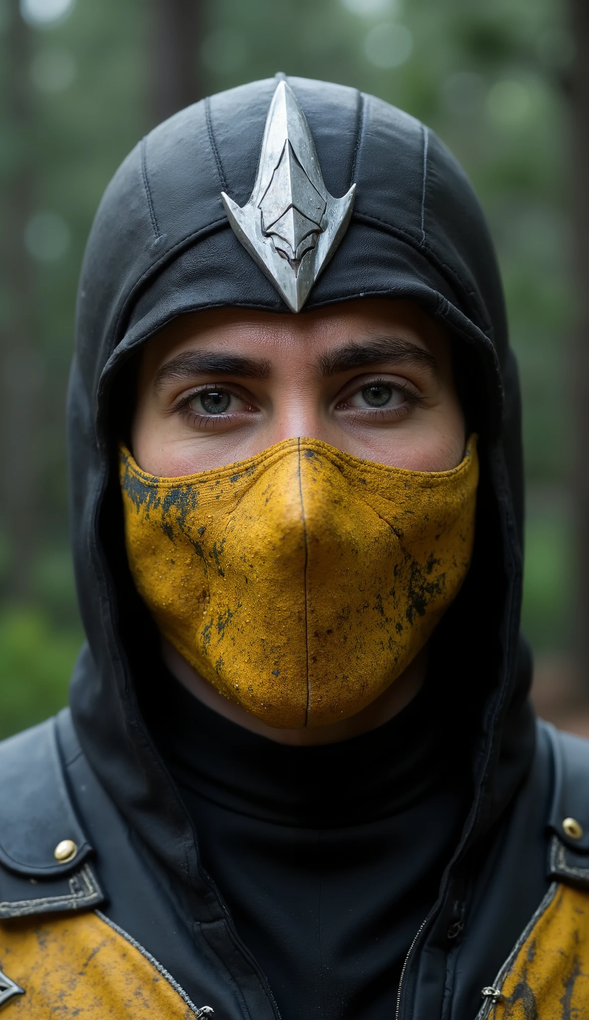 Hyper-realistic photographic style. as scorpion mortal kombat. Close-up do rosto. Extremely realistic amarelo mask and silver metalico details. flawless skin texture. Bottom: dense forest, Greg Rutkowski style . dramatic lighting. 8k. 8k, rendered in Unreal Engine 5 realistic background Ultra-detailed textures, Cinematogr lighting