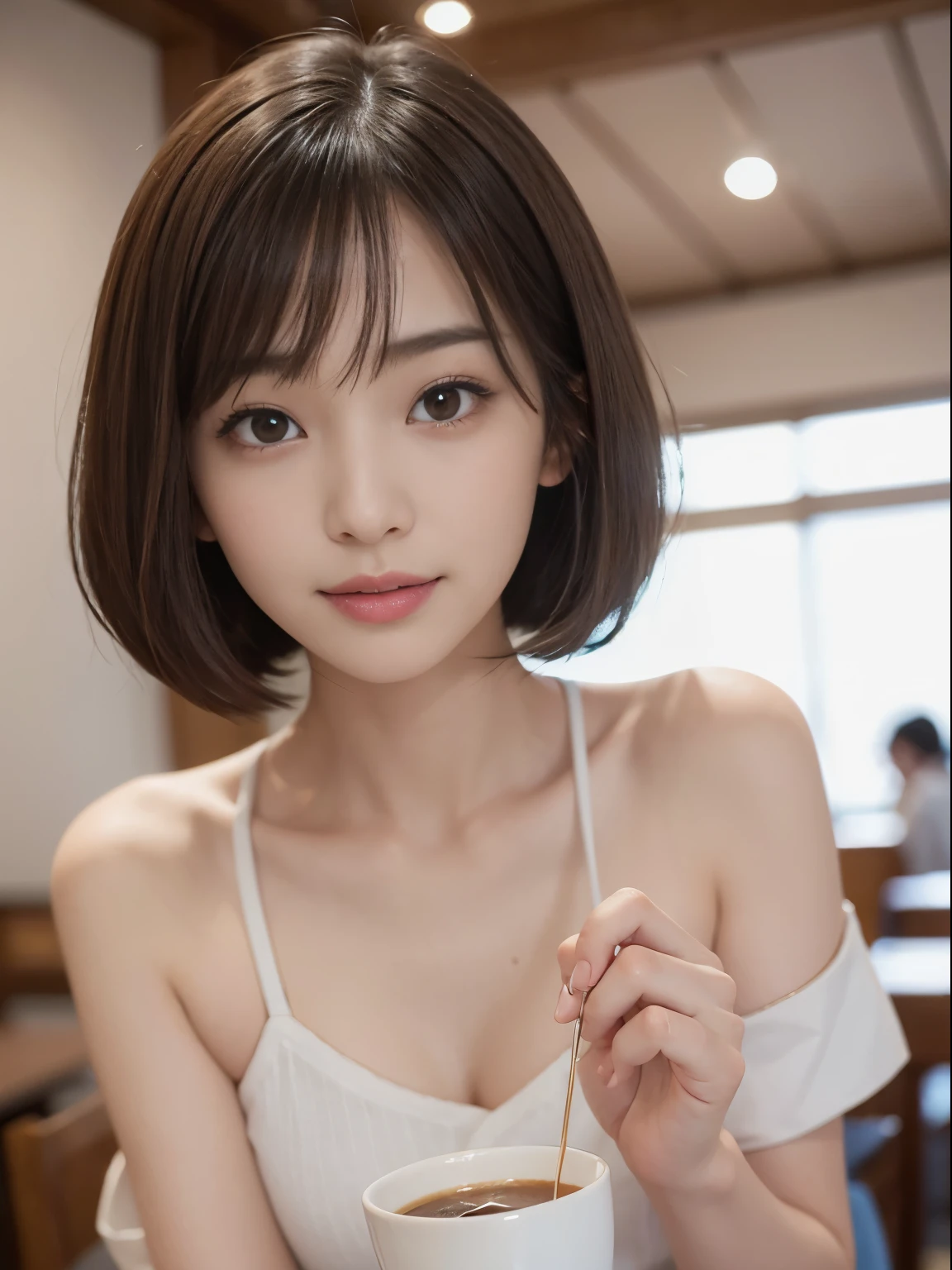 detailed face, cute face,brown eye, , extra short hair, sidelocks-hair, 1 Girl, master piece , best quality , detailed , (woman face) , (breast hold:1.4) , t-shirt , japanese , room , indoor