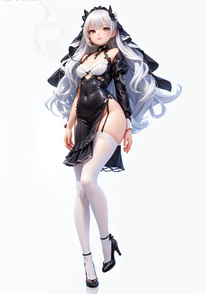 (lace, lace-trim, white elbow gloves, white bow bra, white thighhighs, bare shoulders, thighs, underwear only, bow , white choker, g-string, thong:1.4), cleavagge eyes, long white hair, swept bangs, messy hair:1.4), (pink lips, hair flower, pink flower, makeup:1.2), 1girl, thigh gap, ((outdoors, hills, grass, leaves, blue sky, sun, flowers)), (arms by side:1.2), (front view)) (((garter straps, garter belt:1.2)))