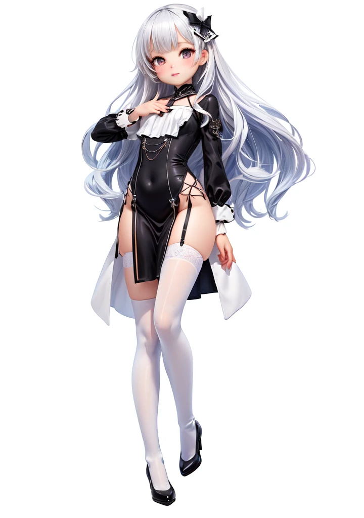 White haired girl with cat ears、anime、One woman、Black Ribbon、Black maid outfit、Bob Hair、anime tone、beautiful girl
