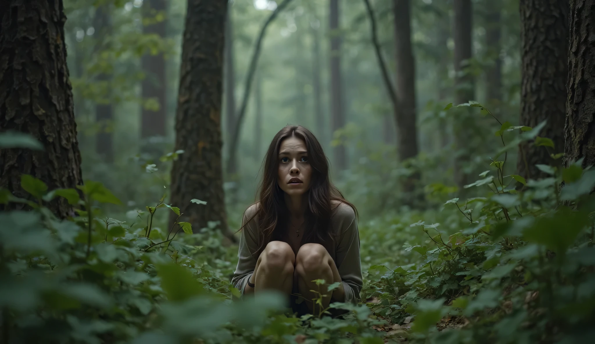 A woman sitting in the woods with her legs crossed - SeaArt AI