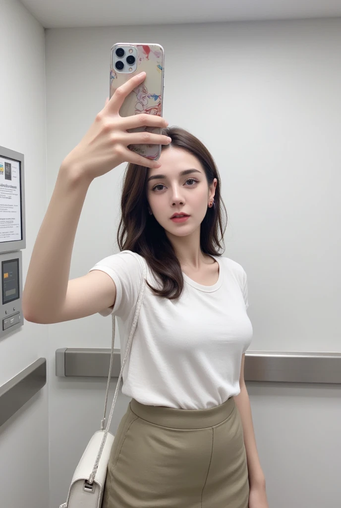 mulher araffed tirando uma selfie em um espelho com um telefone celular, vestido com uma camiseta branca, camiseta branca, vestido com uma camiseta branca, selfie espelho, em camiseta, imagem vazada, tshirt branca lisa, sem maquiagem, vestindo uma camiseta, 2 Modelo feminina.