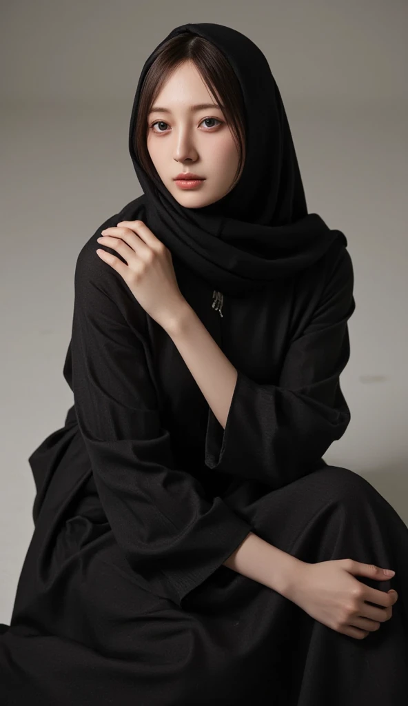 arafed woman in a black outfit crouching down on a sidewalk, hijab fashion model, hijabi outfit, thicc, hijab, korean woman, wearing black robe, asian woman, bbwchan, photograph of a techwear woman, hijab, wearing a black robe, woman in black robes, casual pose, wearing dark robe, asian women, korean girl, red sneakers 