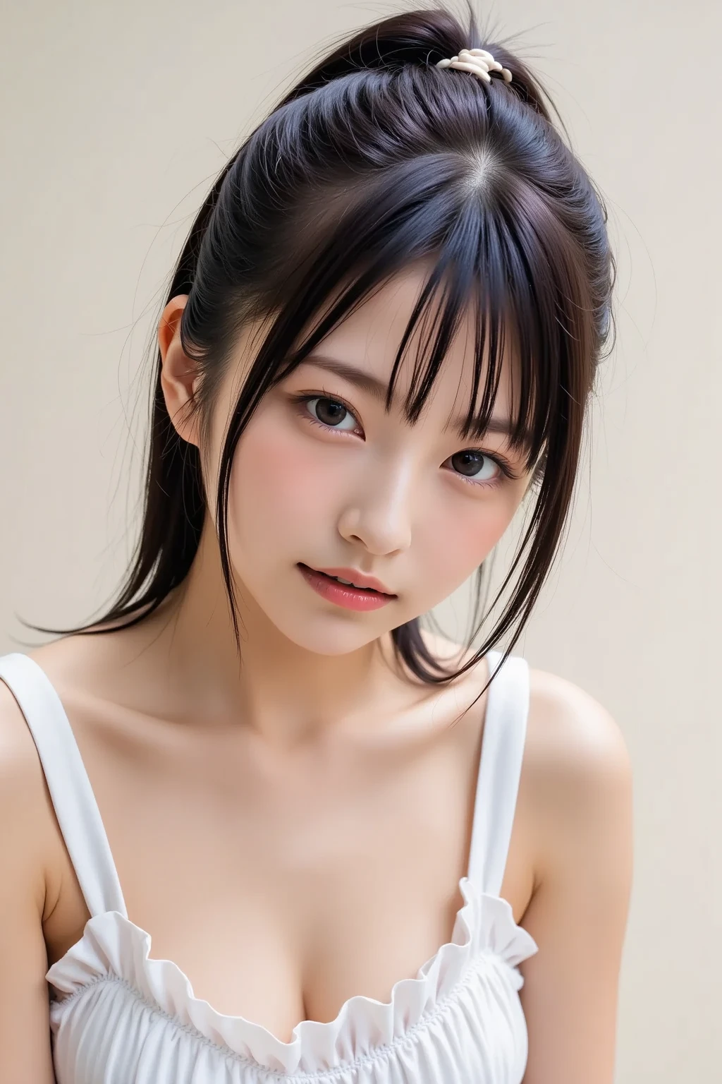 masterpiece、1 girl per 1 photo、upperbody shot、Straight front view、a Japanese young pretty woman、Wearing a cute maid costume in short sleeve satin silky black、With a big smile、White ruffled headband、Apron with white ruffles、a black choker、Glamorous figure、hyper cute face、shiny lip、body covered in sweat、Double eyelids in both eyes、 natural make up、long eyeslashes、Long bob hair shiny smooth light brown hair、asymmetrical bangs、skin tanned、image in center、8K分辨率、High Details、Detailed hairstyles、A detailed face、spectacular movie lighting、octane renderings、with a vibrant、Ultra-realistic、Perfect limbs、perfect anatomia、Naked、pubick hair、fullnude