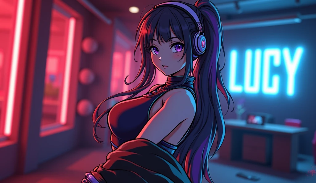 A woman wearing a bathrobe and headphones is lying by the pool、A beautiful night view behind、big breasts、sexy、Indoor pool with a night view、moonlight、exposed、half naked、Downlight、full moon、Stylish interior、Ruby Eye