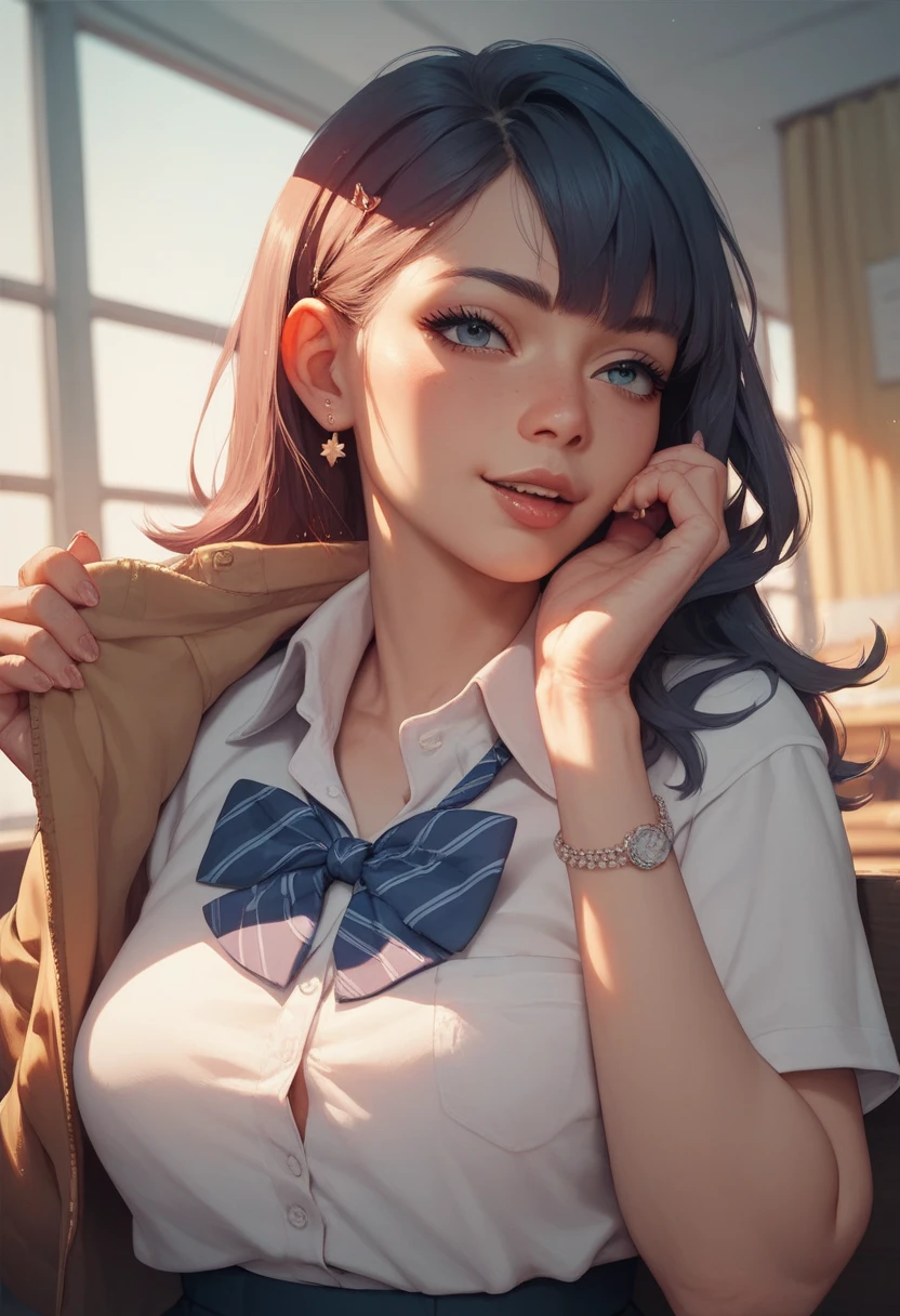 (8k, RAW photo, highest quality, masterpiece), High resolution RAW color photo, uniform, long hair, 16 years old, ponytail, young, full body, c cup (realistic, photorealism: 1.37), (highest quality) , (Best Shadow), (Best Illustration), Clavicle ((Big)), ((Erotic, Sexy, Ultra High Resolution, High Definition CG Integrated 8K Wallpaper, Physically Based Rendering, Movie Lighting), Best Image Quality, Amazing Details, Ultra HD, (Realism: 1.4), Best illustrations, (Maximum resolution: 1.2), (Ultra HD: 1.2), Cinema lights, 8K resolution, Beautiful eyes and skin, Detailed face, Perfect style, absurd, RAW photography, very delicate and beautiful, masterpiece, top quality, ultra high resolution, 32k, surreal, ultra detailed, perfect anatomy, perfect figure, highly detailed skin, very Detailed CG 8k wallpaper, very slim figure, toned waist, very small head, very small face, delicate features, tearful mole, earrings, slender legs, (C cup breasts: 1.3), (full body shot: 1.1 ), (alone: 1.2), (wavy hair: 1.2), wet clothes, (school uniform: 1.3), (blazer: 1.2), collared dress shirt, loose socks, classroom