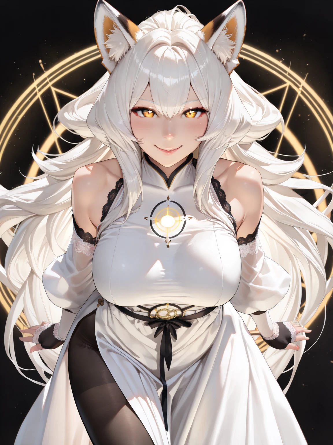 1girl, beautiful detailed eyes, beautiful detail extremely detailed eyes and face, long eyelashes, long white hair, grey hair accents, kawaii features, visible eyes partially covered by bangs, large breasts, yellow slanted eyes, long bangs covering one eye, bodycon style dress, tight dress straps, dress shows body curves, thin dress fabric, no dress sleeves, yellow dress color, hands behind back pose, soft smile, white background, right eye visible,
