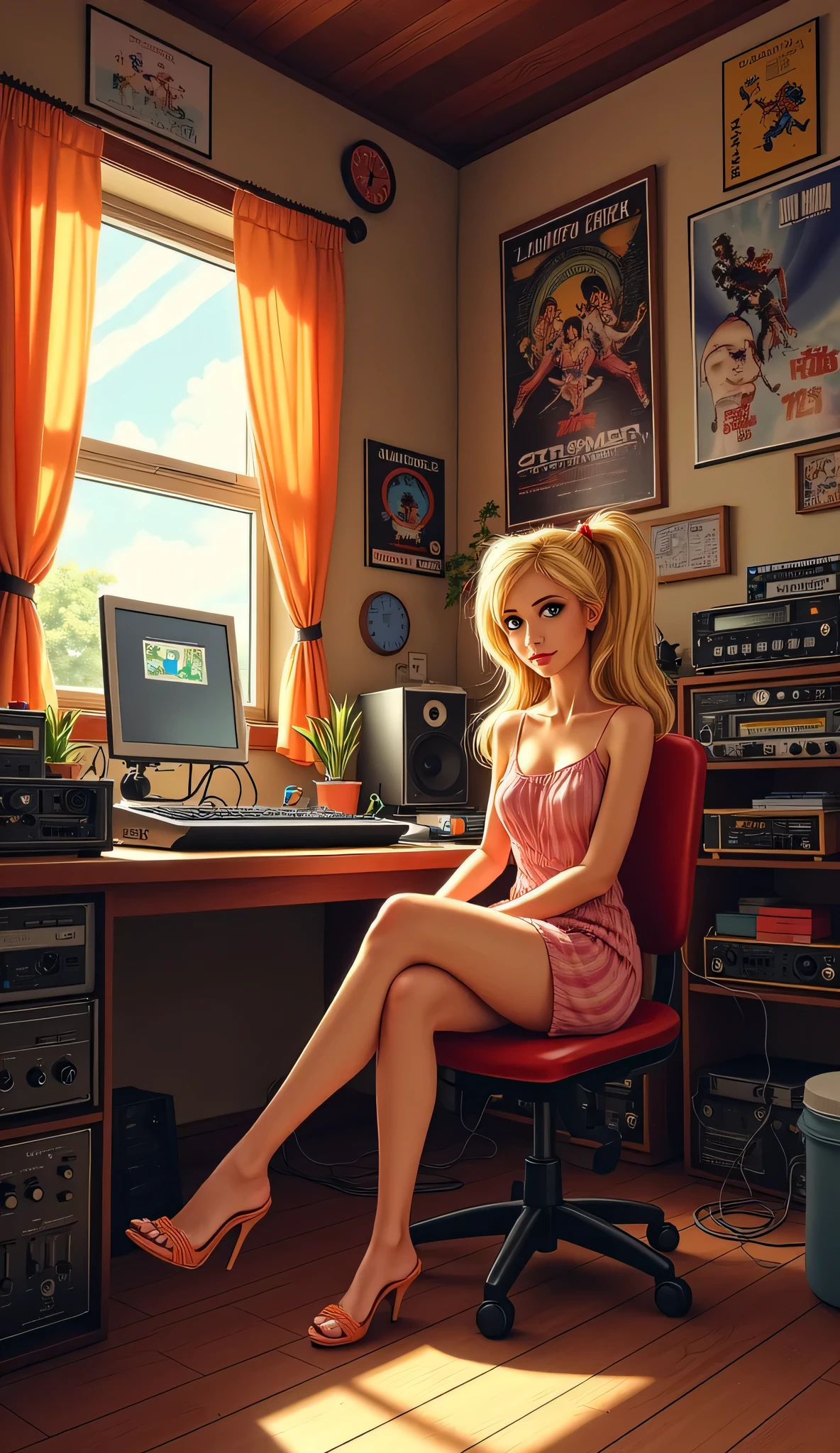 Young beauty Buffy Summers sits in a cozy home studio and composes music, creative atmosphere, joy and comfort, warmth, lots of posters with old games on the walls, lots of audio equipment and wires, perfect body, perfect figure, perfect cute young face, pigtails, beautiful short dress, realism, high quality, high detail, interesting angle,