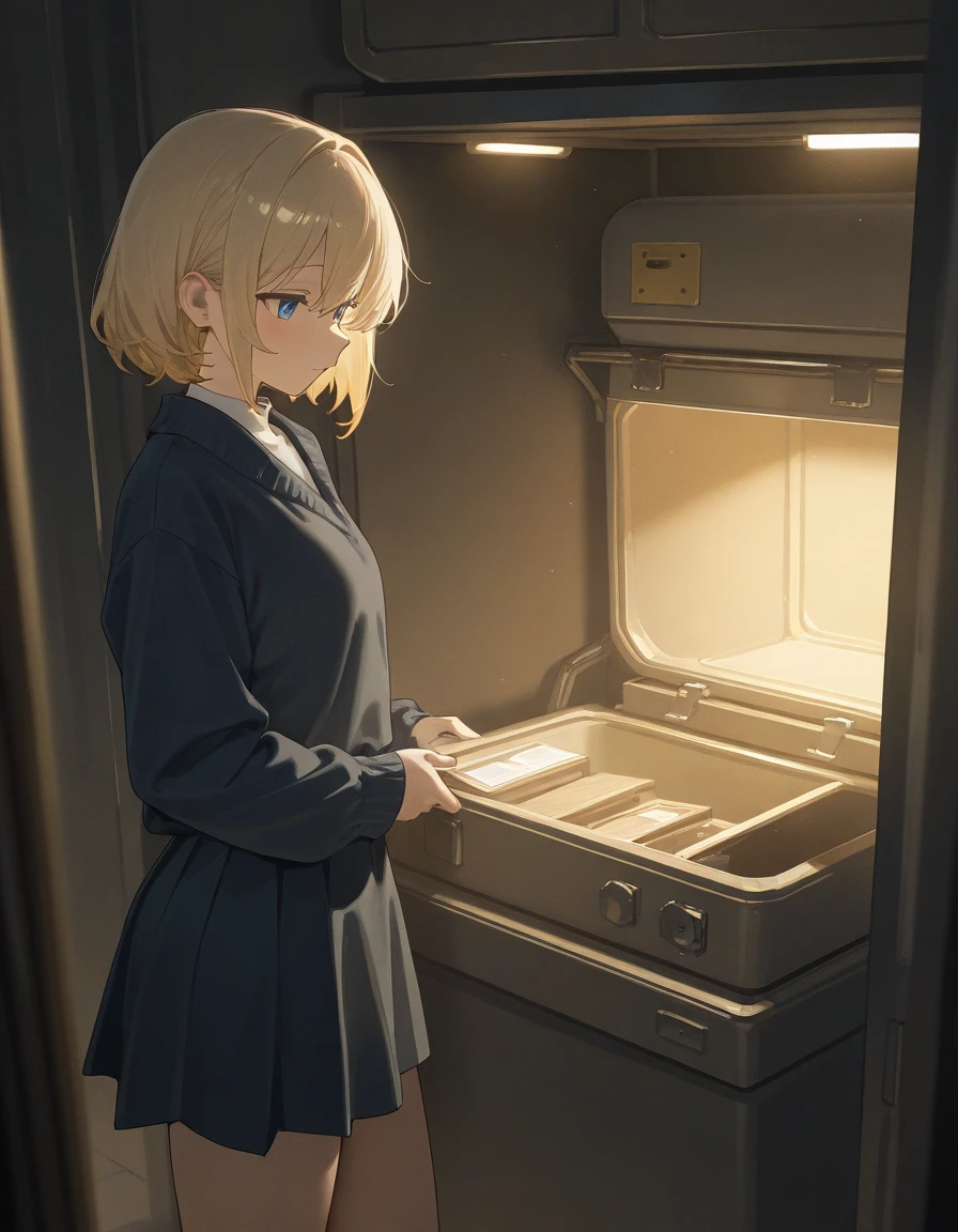 Blonde, ponytail girl unpack suitcase in bedroom, anime style