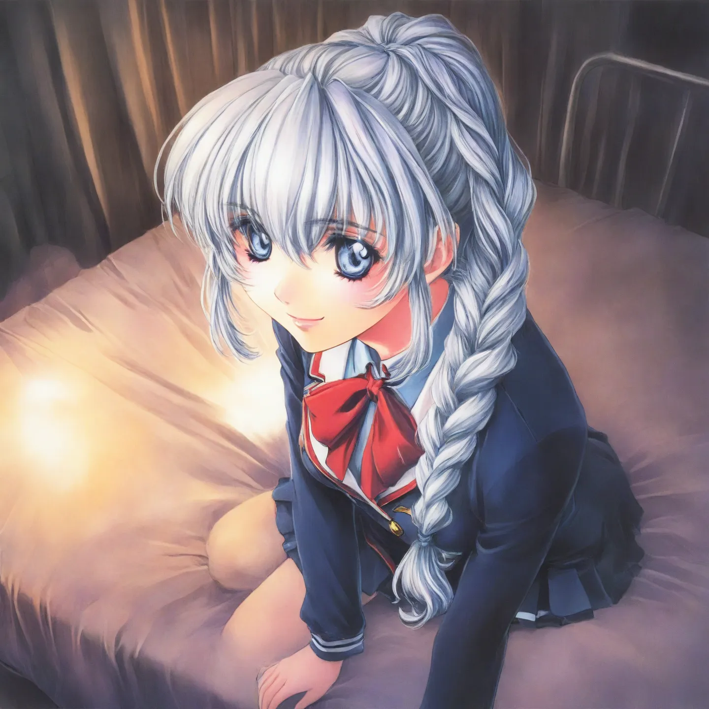 Anime girl with long white hair sitting on a bed with a red tie - SeaArt AI