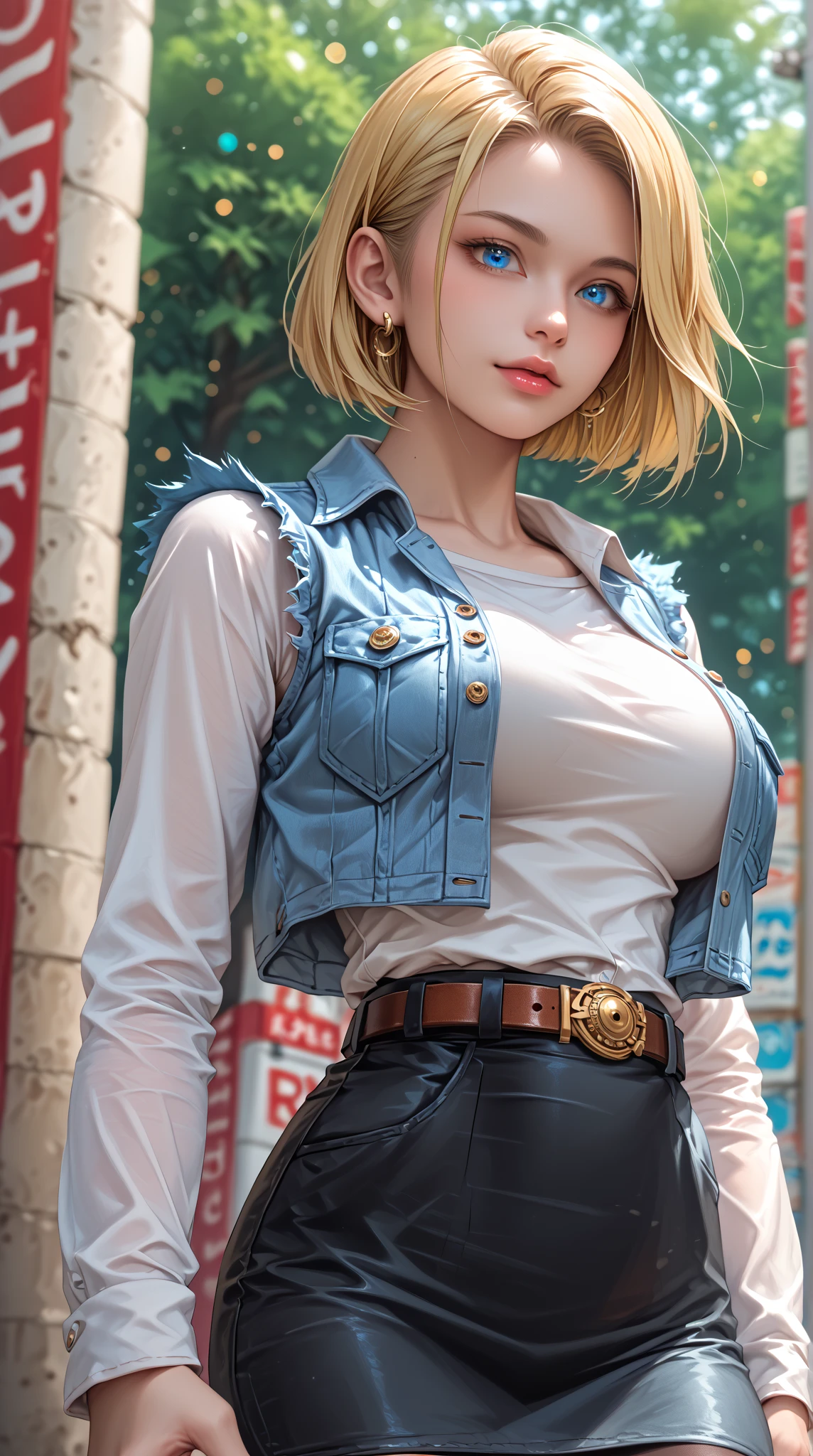 hyper detailed image, uhd, 16K, professional foto, (Realistic photo of Android-18 from Dragon Ball Z)  goddess of beauty, very straight short blonde hair, severe facial expression, ((She wears a blue denim jacket and a white cropped shirt., Short white underground showing breast meat)), Erotic, open denim jacket showing your big, Beautiful and perfect breasts, (breastsout, longos breastsout pontiagudos saindo da jaqueta), she wears a belt and a (blue denim skirt lifted showing micro panties stuck in the , bubian hair showing), Brown boots, perfect hands and fingers,
  android 18, sexy saiyan girl, She unleashes bursts of power, anguish, offcial art, Android-18 Sexy feminino, official character art, sexy female protagonist, slim and toned body curved :8, Aanguishri Toriyama, Director: traits of Aanguishra Toriyama, bulma from dragon ball, best anime character design, Stroke style by Aanguishra Toriyama, Cute single character, semi-, (great lighting)