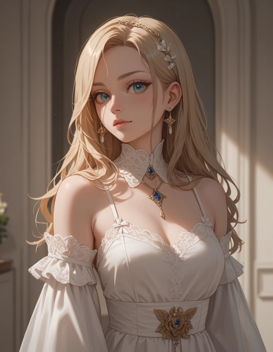 a blond, Long hair, Yellow-green eyes, Woman in her 20s, Gentle Face, White dress, (A masterpiece:1.2), Best Quality, high resolucion, Unity 8k wallpaper, (Illustration:1.0), beautiful detail, beautiful woman, glittering, medieval village_Background with, Solo, perfect light, Extremely detailed CG